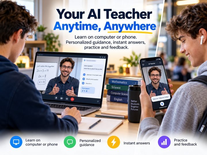 A student learning with the Yanair AI teacher on a laptop and a phone